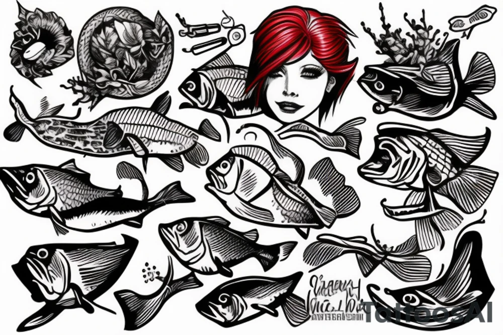 red-haired fishing woman tattoo idea