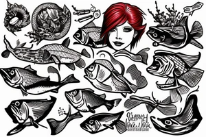 red-haired fishing woman tattoo idea