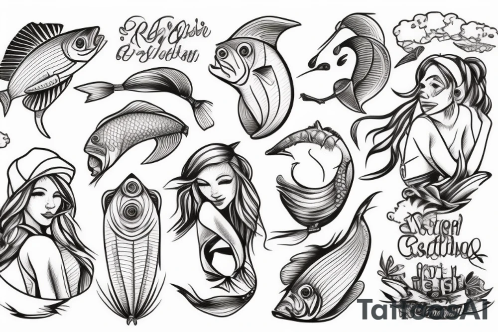 red-haired fishing woman tattoo idea