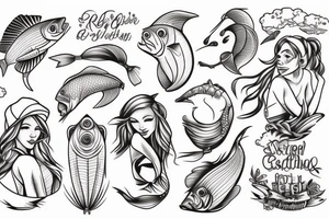 red-haired fishing woman tattoo idea