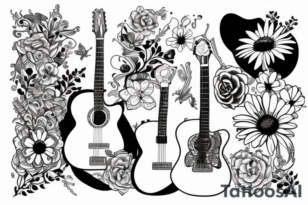 Guitar with loon and daisies tattoo idea