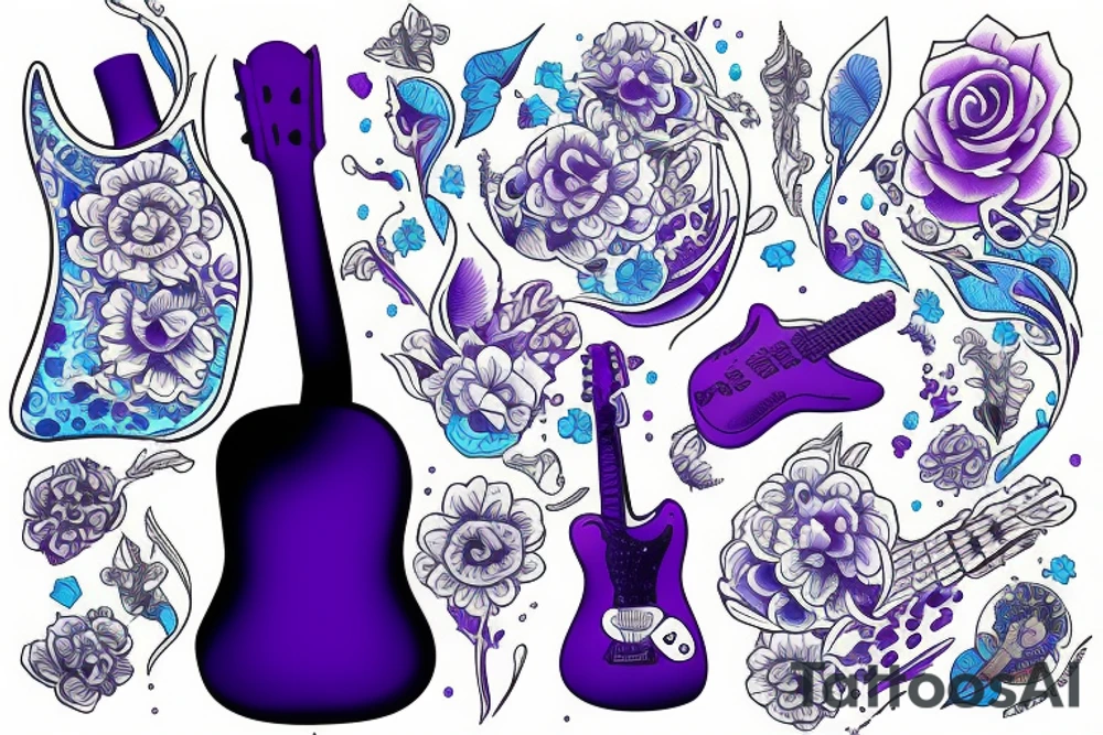 Blue guitar with loon and purple daisies tattoo idea