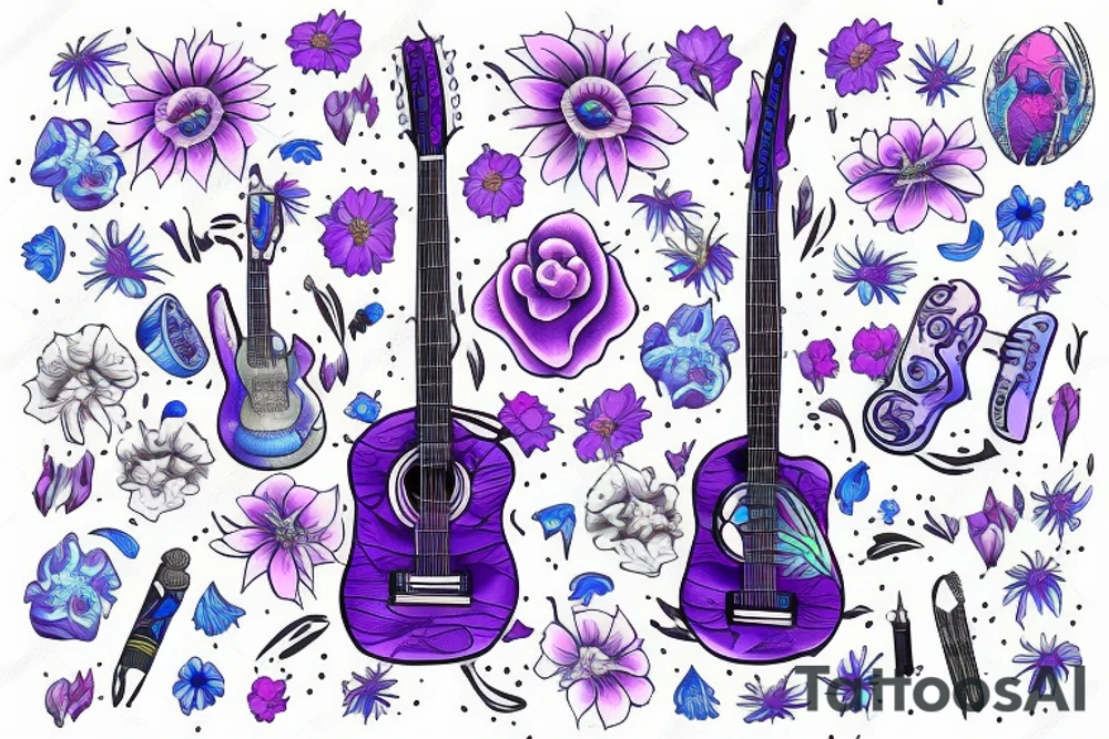 Blue guitar with loon and purple daisies tattoo idea