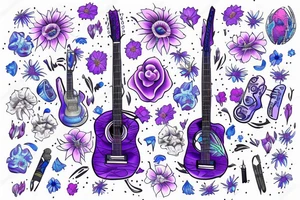 Blue guitar with loon and purple daisies tattoo idea