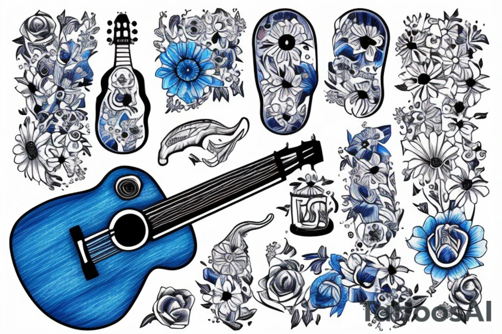 Blue guitar with loon and 
daisies tattoo idea