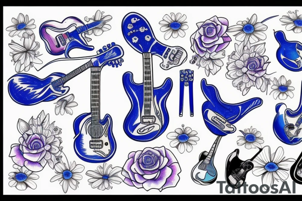 Blue guitar with duck and 
daisies tattoo idea