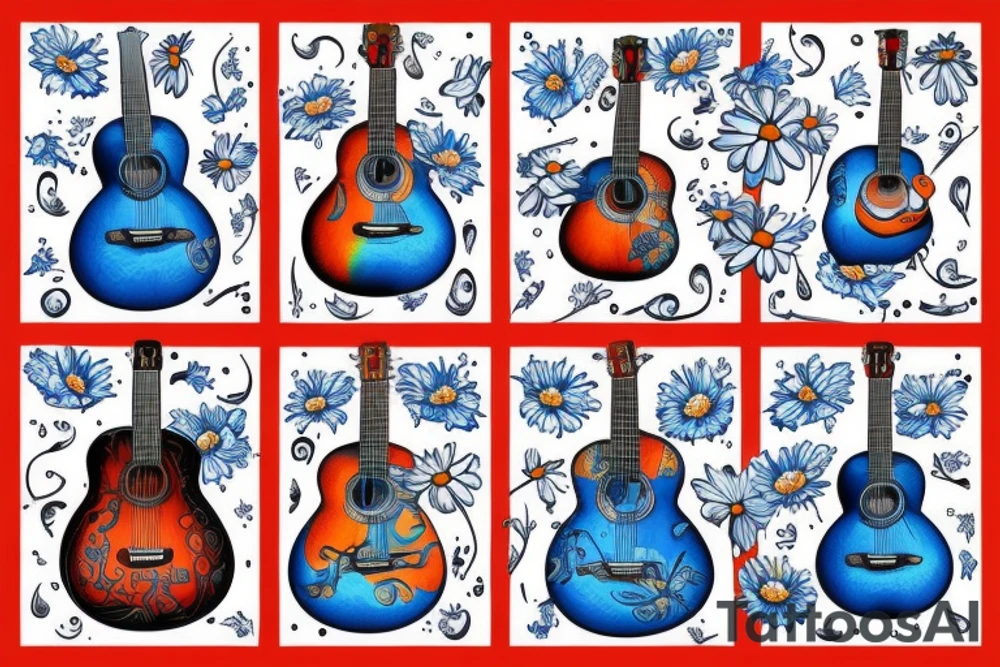 Blue guitar with duck and 
daisies tattoo idea