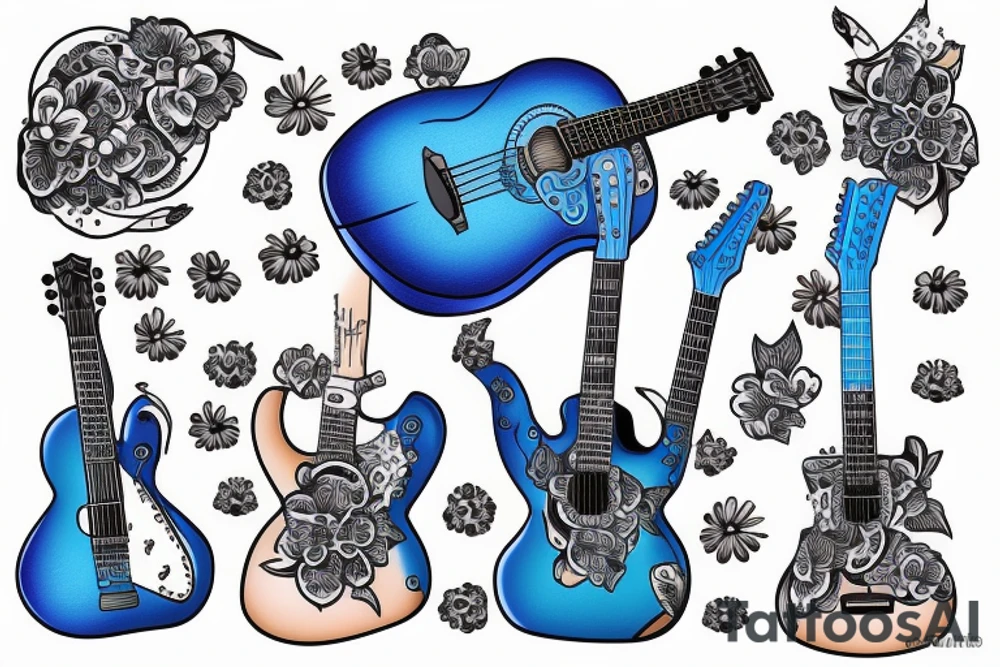 Blue guitar with duck and 
daisies tattoo idea
