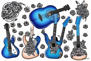 Blue guitar with duck and 
daisies tattoo idea