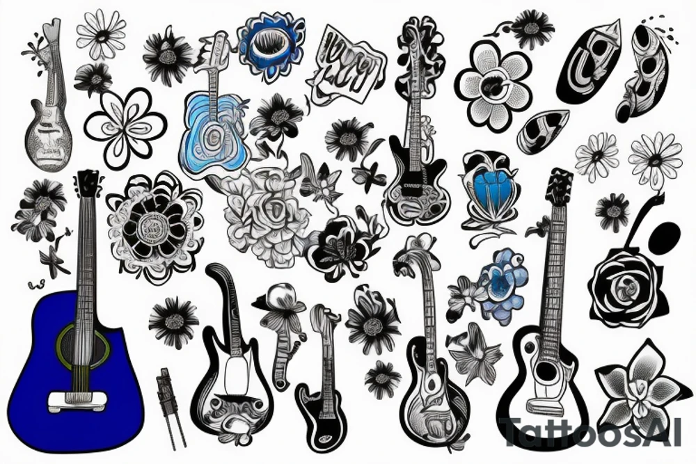 Blue guitar, loon and daisy tattoo idea