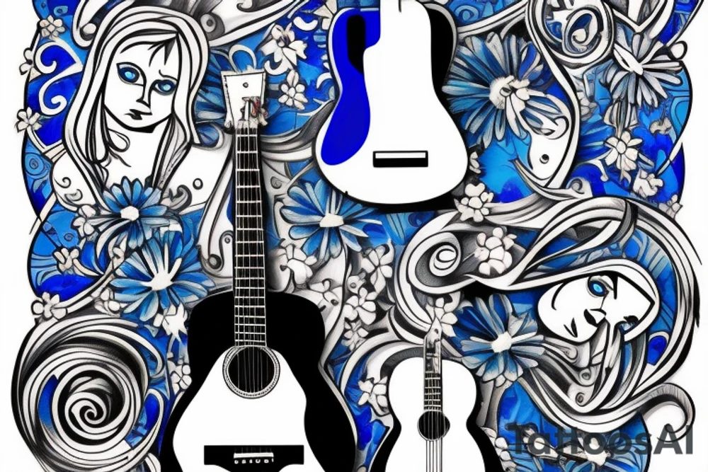 Blue guitar, loon and daisy tattoo idea