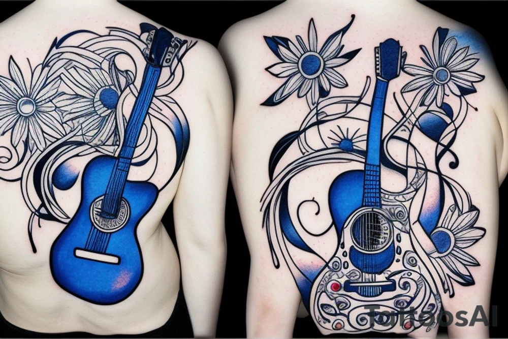 Blue guitar, loon, daisy tattoo idea