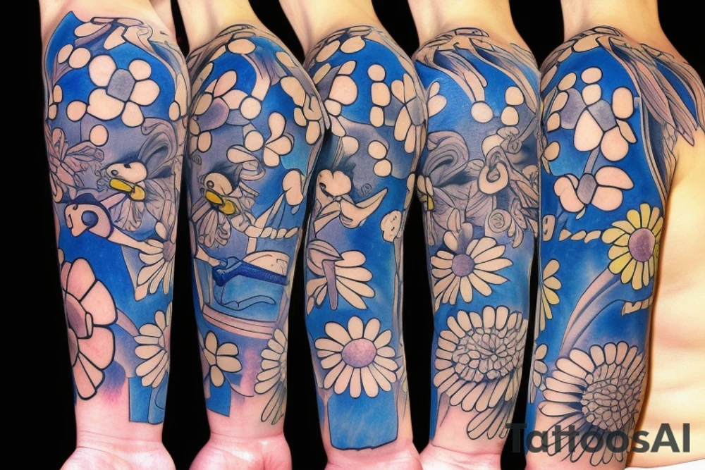 Blue guitar, duck, daisy tattoo idea