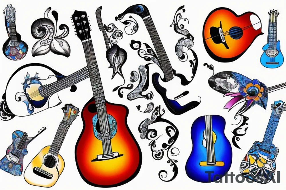 Blue guitar, daisy, loon tattoo idea