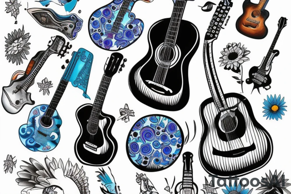 Blue guitar, daisy, loon tattoo idea