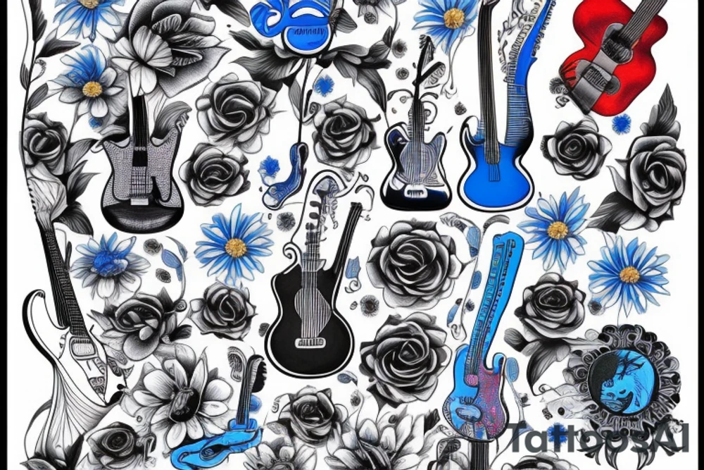Blue guitar, daisy, loon tattoo idea