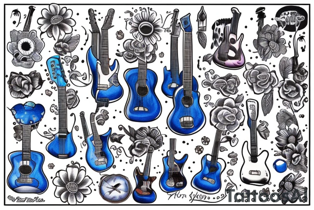 Blue guitar, daisy, loon tattoo idea