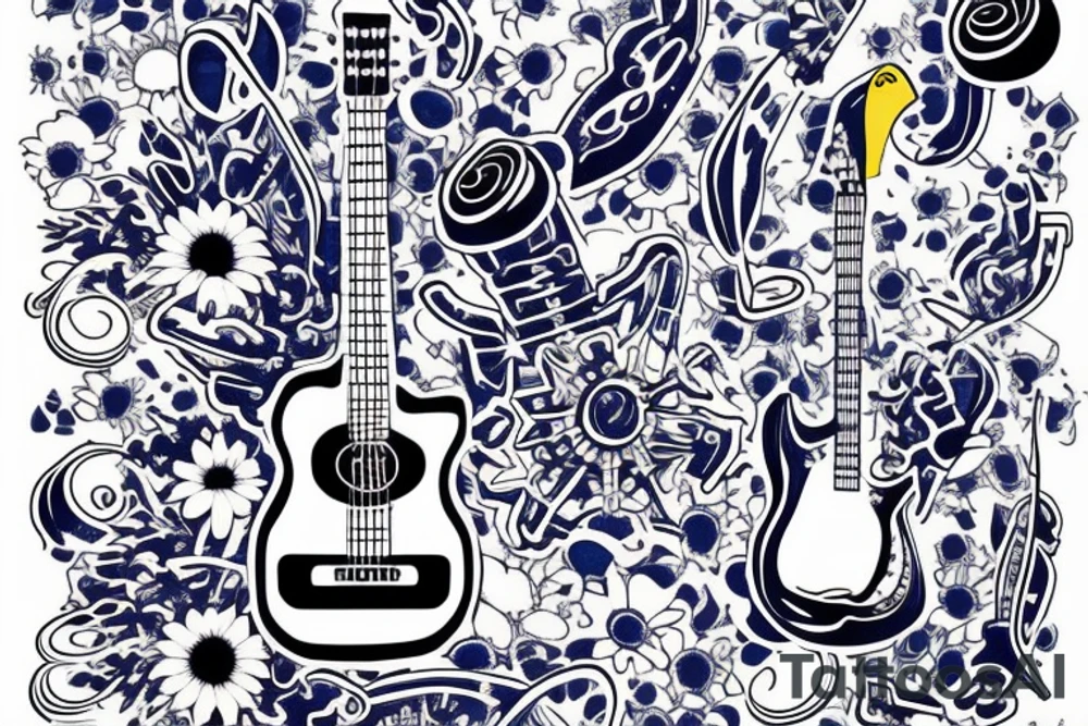 Blue guitar, daisy, loon tattoo idea