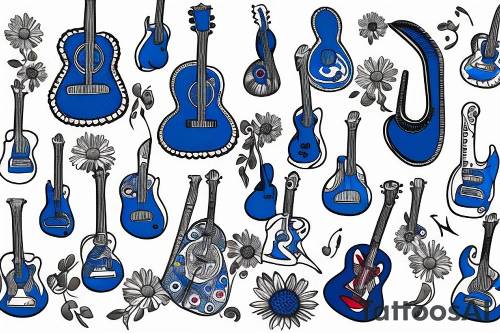 Blue guitar, daisy, bird tattoo idea