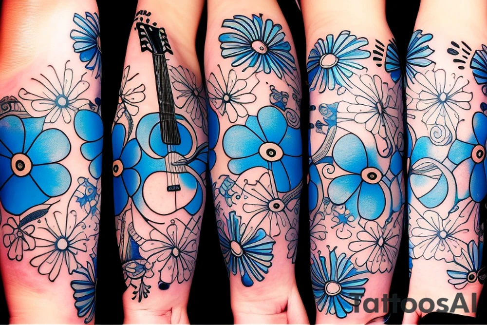 Blue guitar, daisy, bird tattoo idea