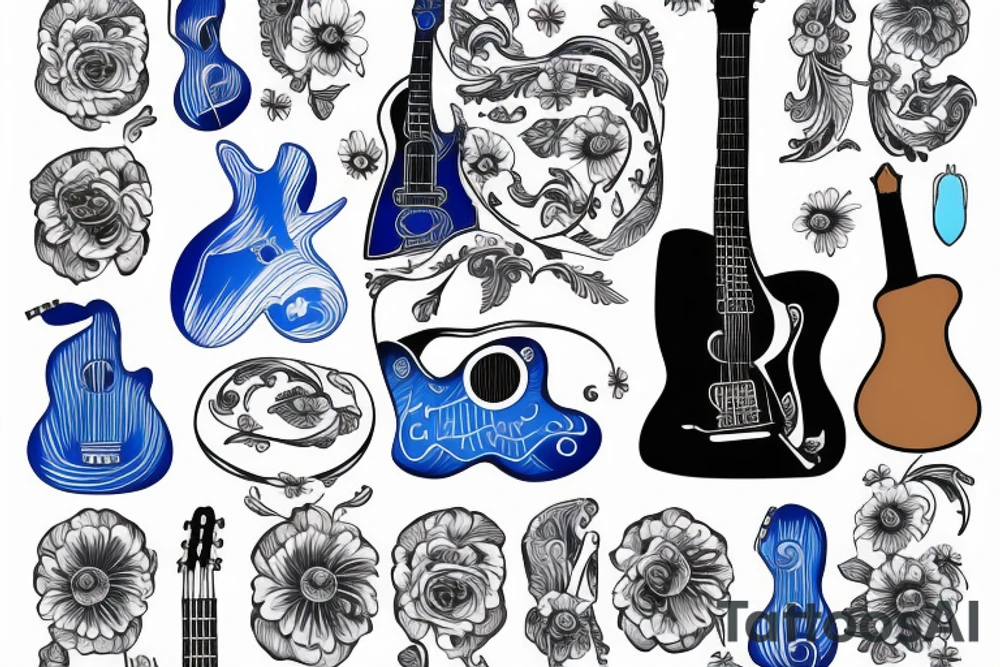 Blue guitar with daisy and loon tattoo idea