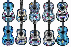 Blue guitar with daisy and loon tattoo idea