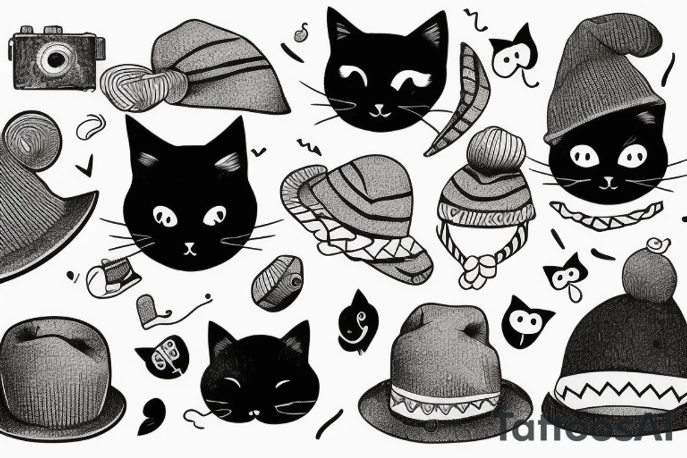 black cat with a funny hat and sweater tattoo idea