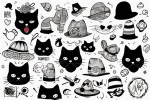 black cat with a funny hat and sweater tattoo idea