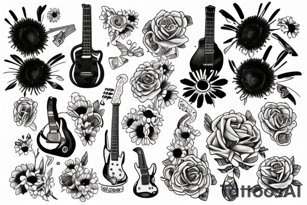 Guitar with daisy and loon tattoo idea