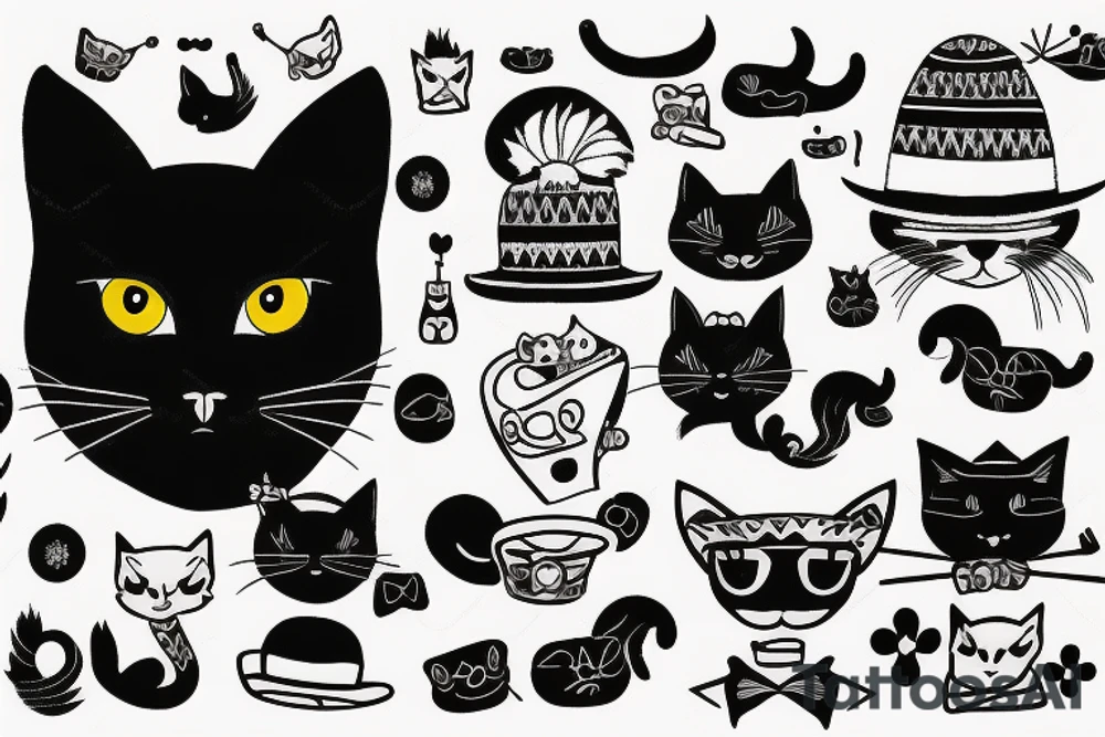 black cat with a funny hat and sweater tattoo idea