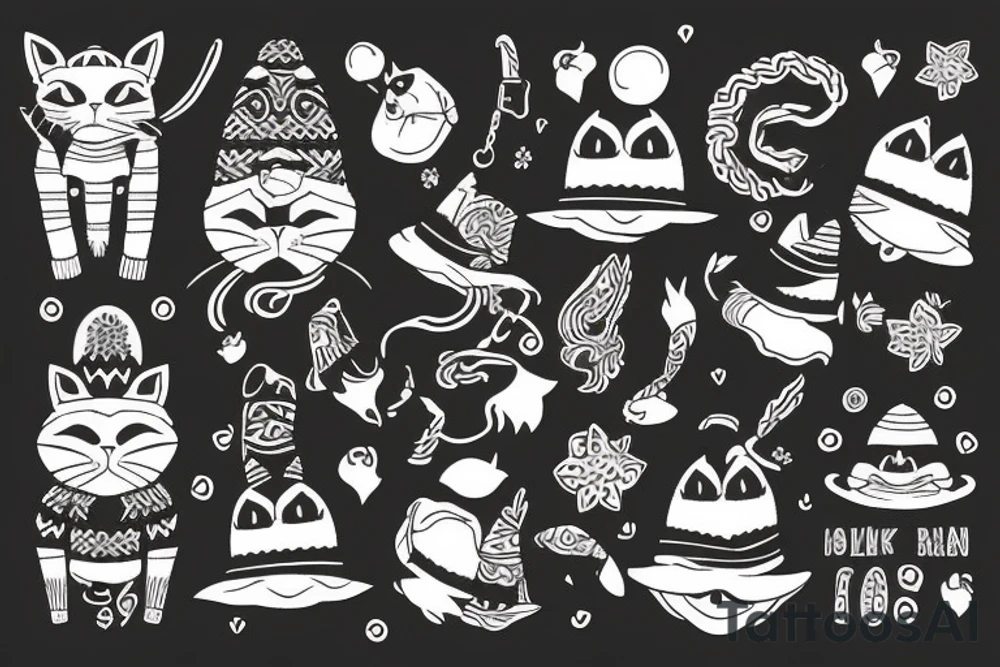 black cat with a funny hat and sweater tattoo idea