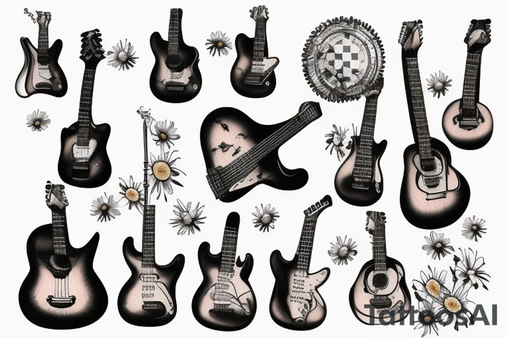 Guitar with daisy and loon tattoo idea