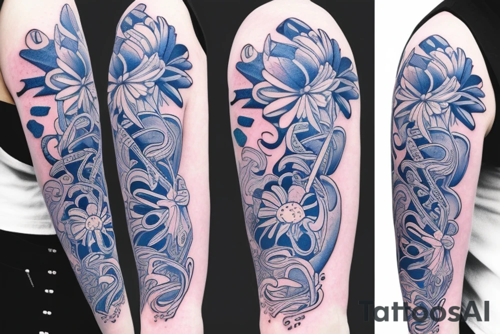 Blue guitar with daisy and loon tattoo idea