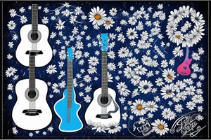 Blue guitar with daisy and loon tattoo idea