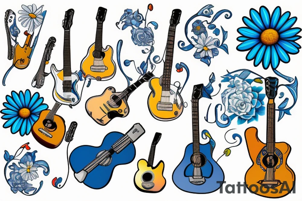 Blue guitar with daisy and loon tattoo idea