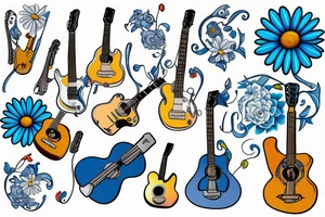 Blue guitar with daisy and loon tattoo idea