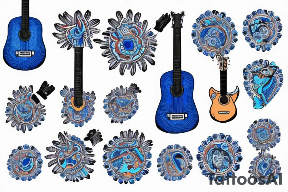 Blue guitar with daisy and loon tattoo idea