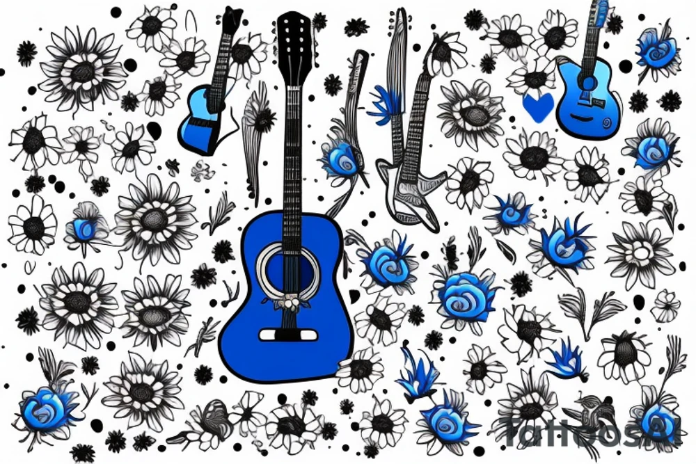 Blue guitar with daisy and wild loon tattoo idea