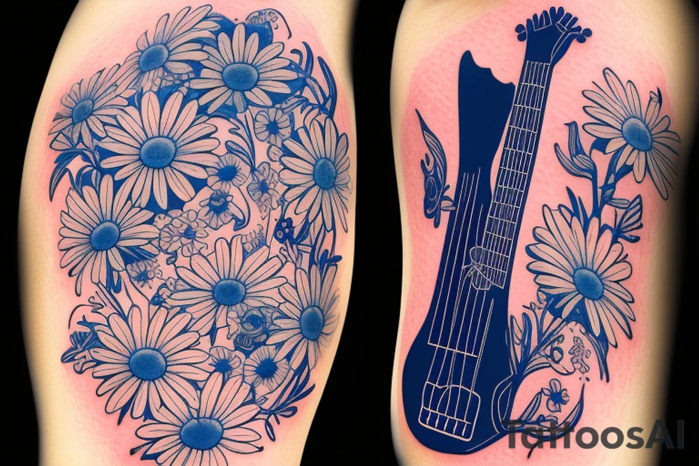 Blue guitar with daisy and wild loon tattoo idea