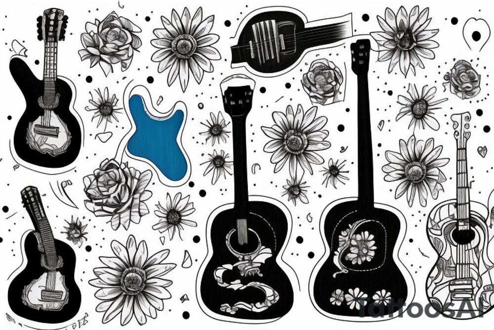 Blue guitar, daisy, loon tattoo idea