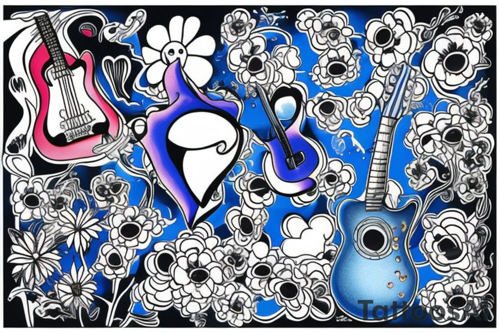 Blue guitar, daisy, loon tattoo idea