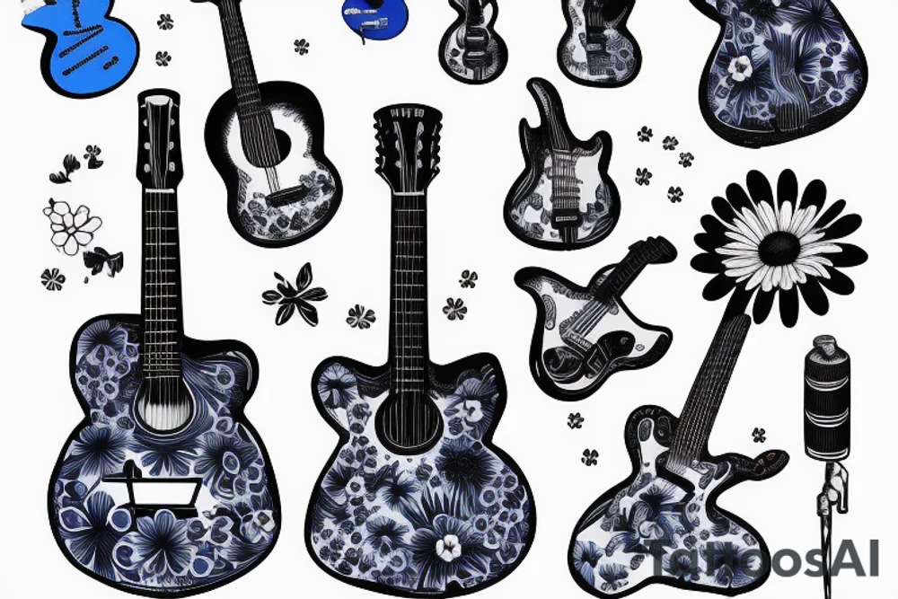 Blue guitar, daisy, loon tattoo idea