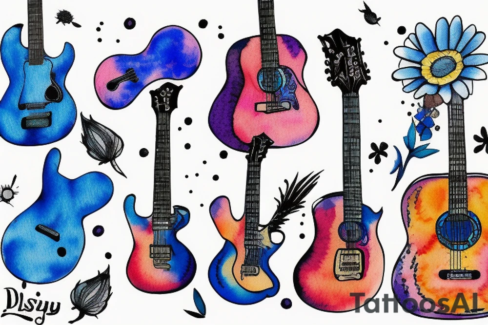 Blue guitar, daisy, loon tattoo idea