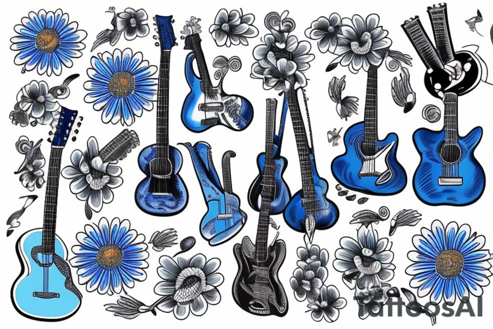 Blue guitar, daisy, loon tattoo idea