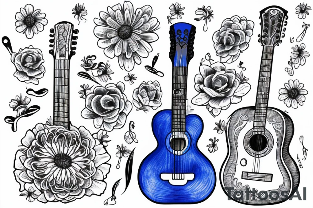 Blue guitar, daisy, loon tattoo idea