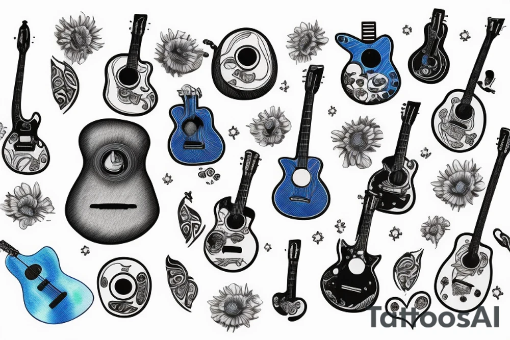 Blue guitar, daisy, loon tattoo idea