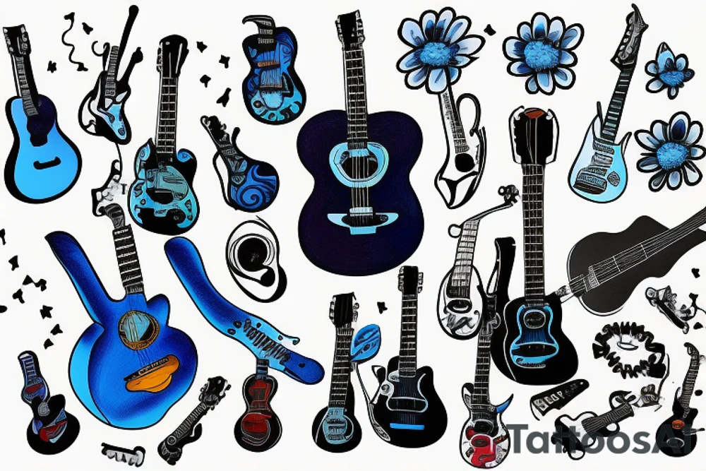 Blue guitar, daisy, loon tattoo idea