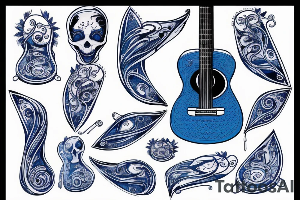 Blue guitar, daisy, loon tattoo idea