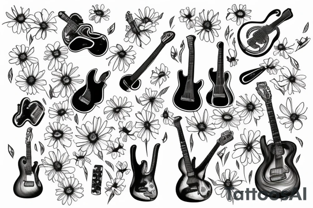 Blue guitar beside daisies and loons tattoo idea