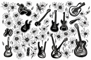 Blue guitar beside daisies and loons tattoo idea